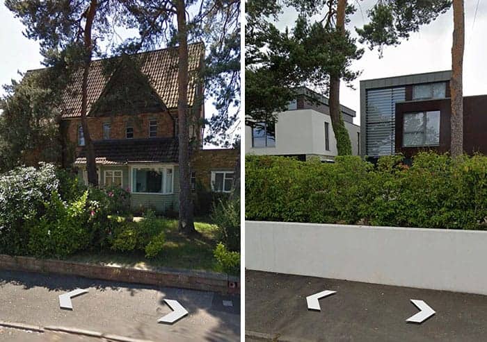 Historic brick cottage replaced by harsh cubic modern architecture in these ugly home renovations.
