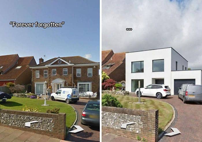 Classic Georgian brick architecture completely erased by a sterile white cube during ugly home renovations.