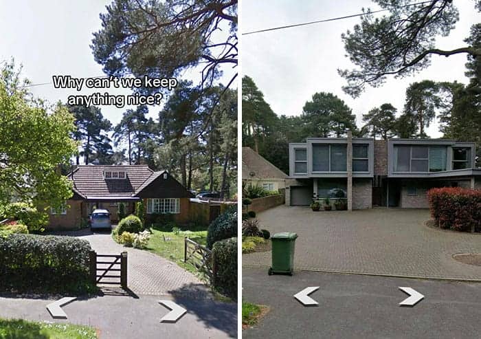 Cute residential bungalow transformed into a sad gray shipping container via ugly home renovations.