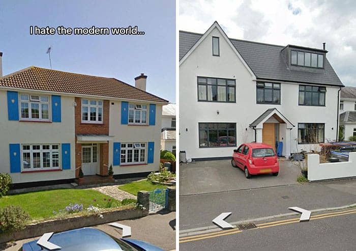 Traditional home with colorful blue shutters ruined by lifeless gray and white ugly home renovations.