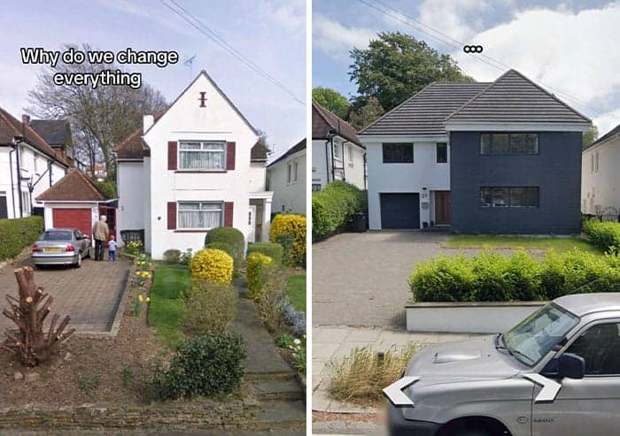 Quaint white cottage split into a mismatched charcoal gray and white ugly home renovation disaster.
