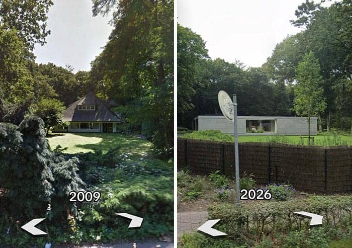 Charming woodland home from 2009 turned into a dystopian concrete bunker ugly home renovation.