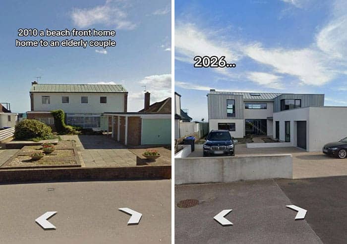 Simple beach house bulldozed to create a massive and soulless modern ugly home renovation.