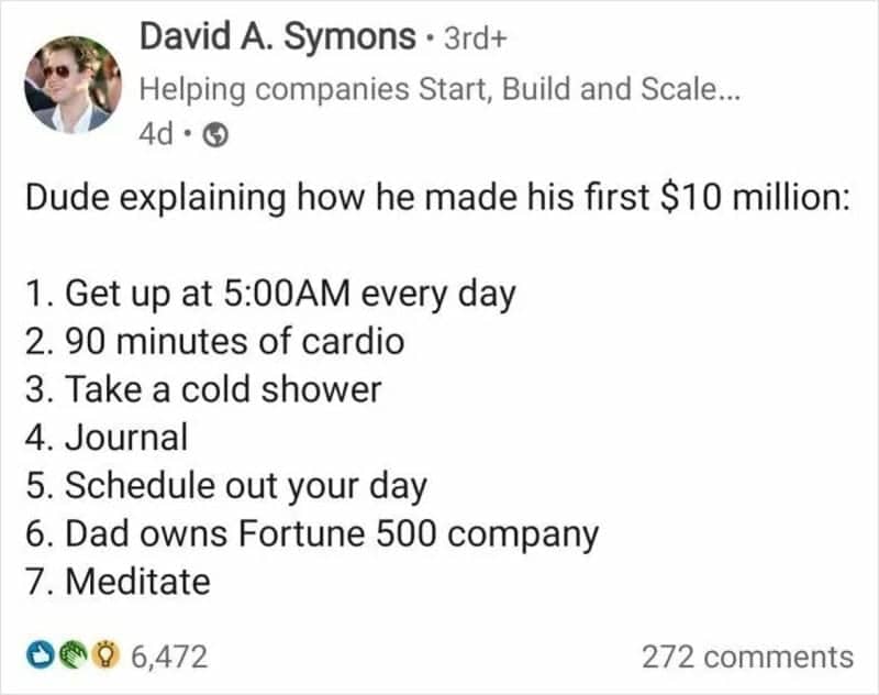 Screenshot of text list mocking financial advice that secretly relies on wealthy family connections.