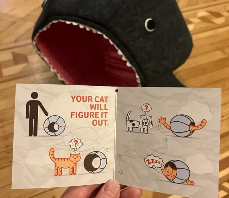 Product instruction booklet for a cat bed simply stating your cat will figure it out.