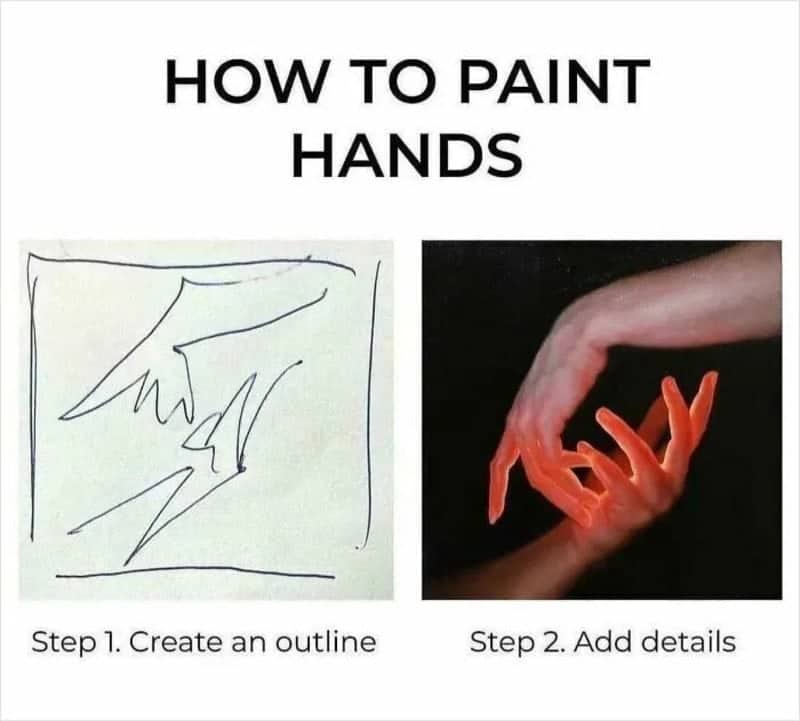 Drawing guide jumping directly from a messy scribble outline to a masterfully detailed hand painting.