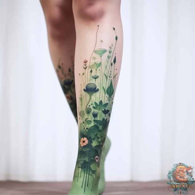 Vibrant green watercolor botanical plant sleeve covering lower leg with detailed wildflower unique tattoos.