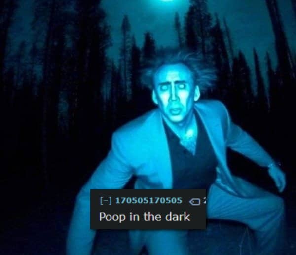 Nicolas Cage lurking in dark woods with text overlay about pooping in darkness habit.