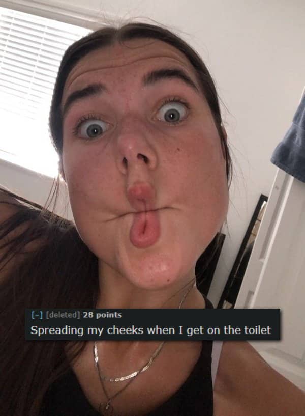 Woman making a funny fish face with text overlay about bathroom cheek spreading habit.