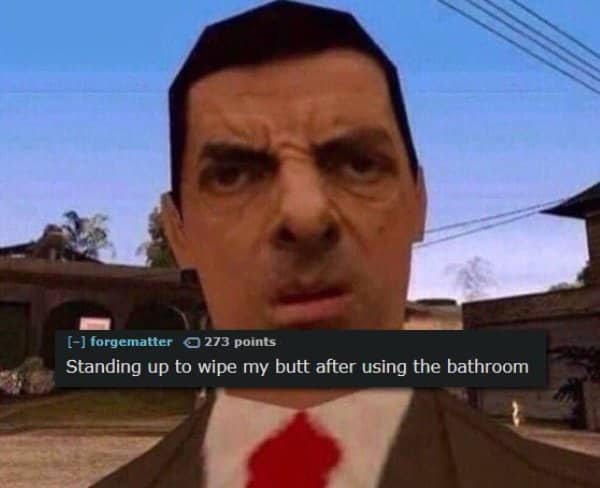 Low-polygon Mr Bean character render paired with text about standing up to wipe.