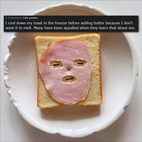 Sliced bread with carved ham face mask on white plate with toast habit text.