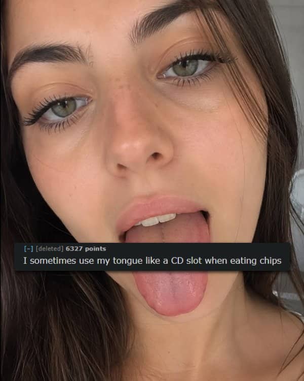 Close-up portrait of woman sticking her tongue out with chip eating habit text.