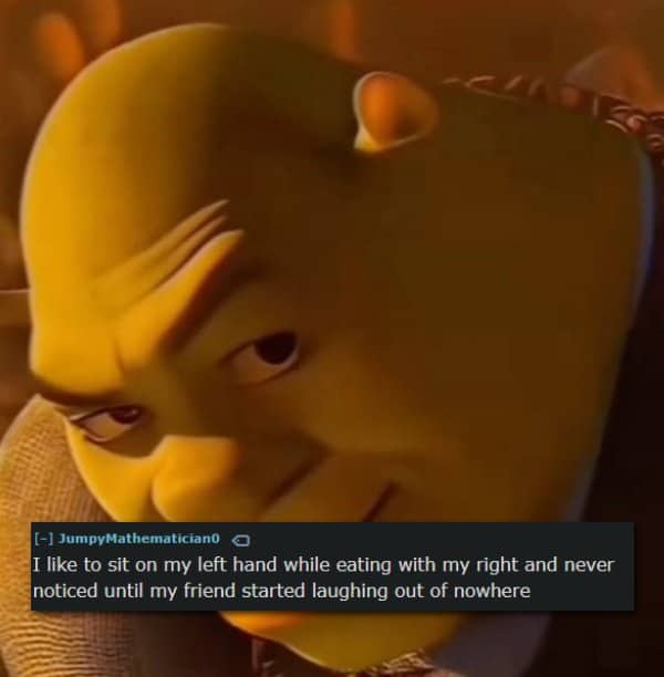 Close-up screenshot of Shrek smirking with text about sitting on left hand eating.