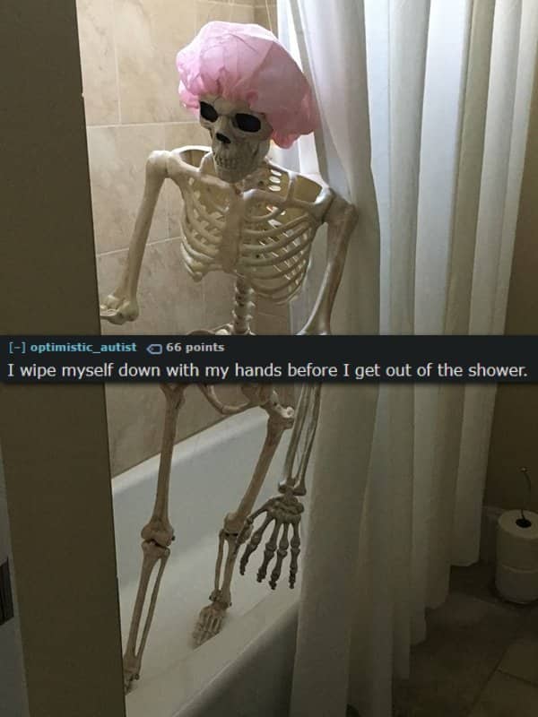 Halloween skeleton in shower cap behind curtain with text about hand-wiping off shower water.