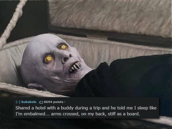Vampire lying in a coffin with text confession about sleeping completely stiff and embalmed.