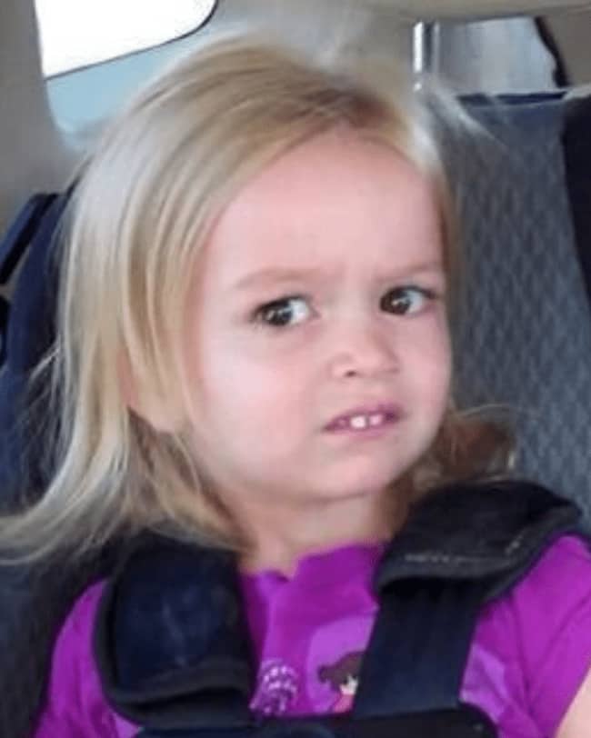 Young girl giving confused side eye expression reacting to unhinged host weird house rules.