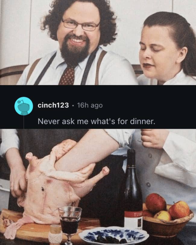 A man stuffing his hand into raw poultry illustrating dinner time weird house rules.