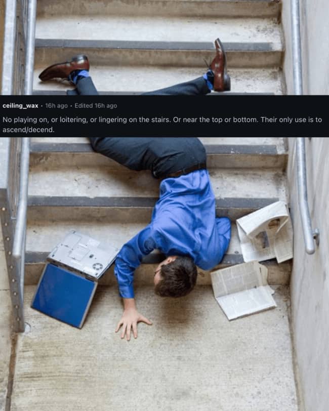 Businessman collapsed face down on concrete staircase showing strict stair usage weird house rules.