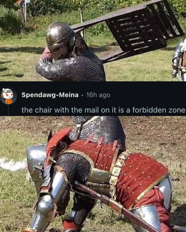 Medieval knights fighting with folding chair showcasing designated mail chair weird house rules.