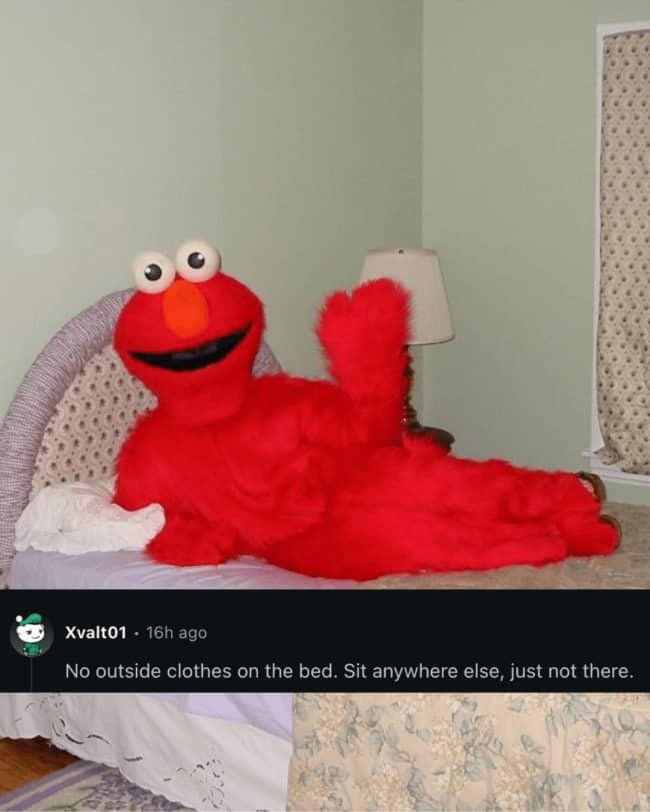 Mascot Elmo character lounging on bed showing no outside clothes on bed weird house rules.