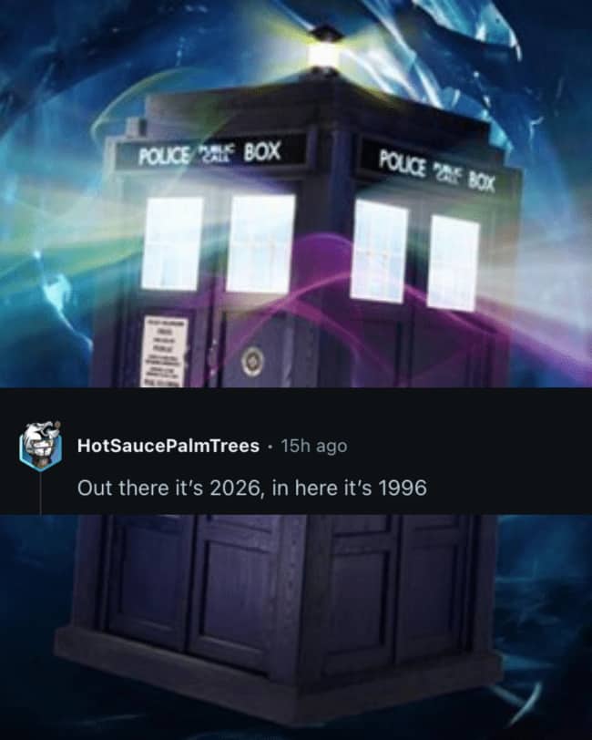 Glowing police box in space highlighting a nostalgic nineties theme weird house rules post.