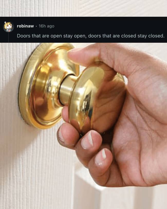 Hand gripping brass door knob demonstrating strict door position expectations weird house rules.