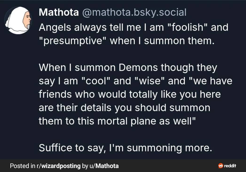 Funny social media post comparing polite summoned demons to rude angels in wizard memes.