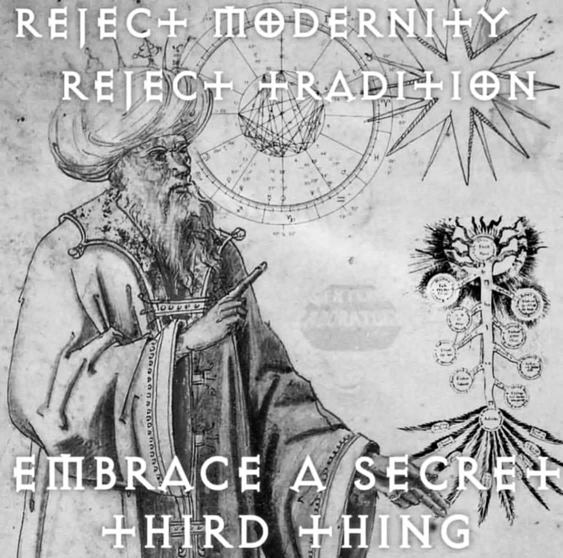 Esoteric medieval drawing telling readers to embrace a secret third thing in wizard memes.