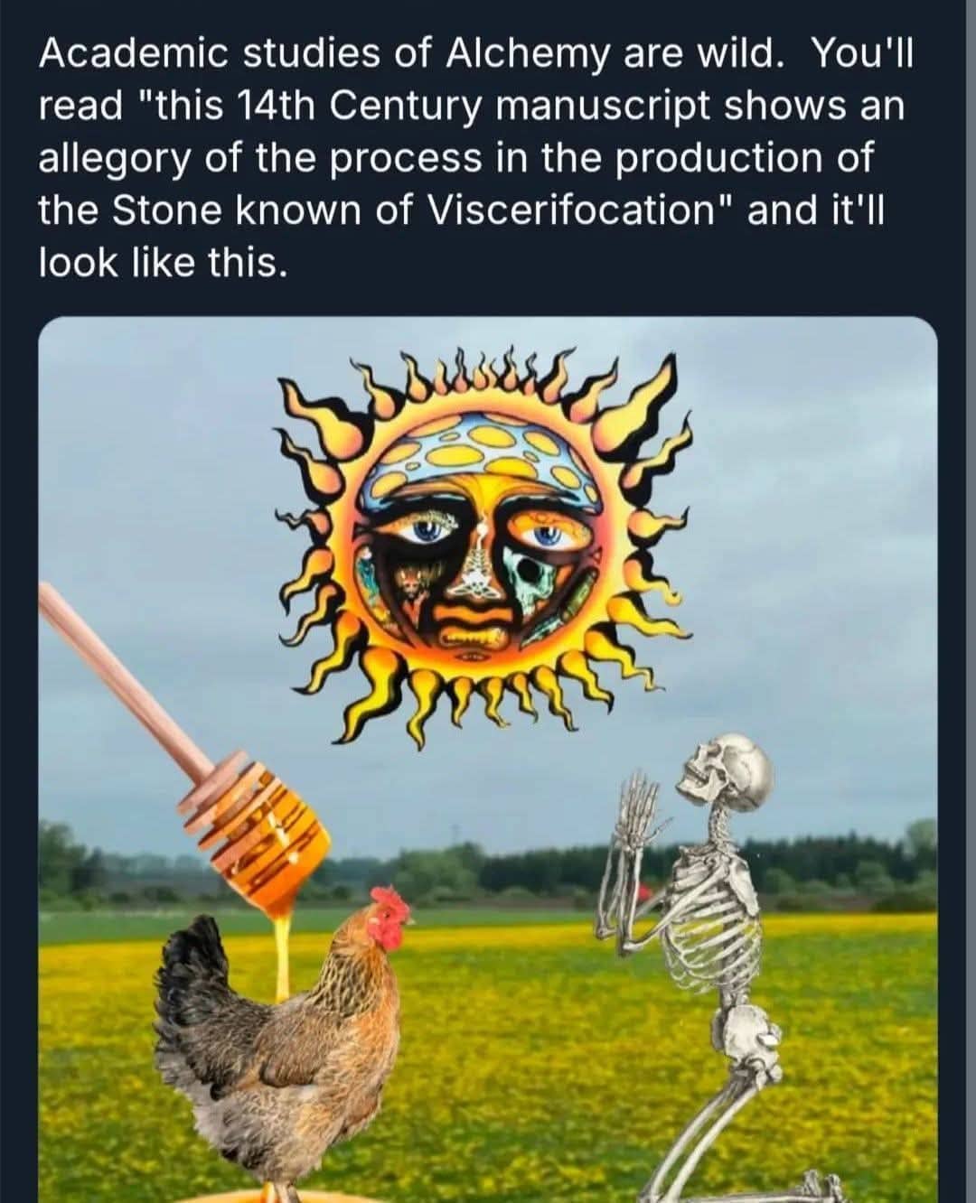 Surreal alchemy manuscript parody featuring skeleton praying to honey chicken in hilarious wizard memes.