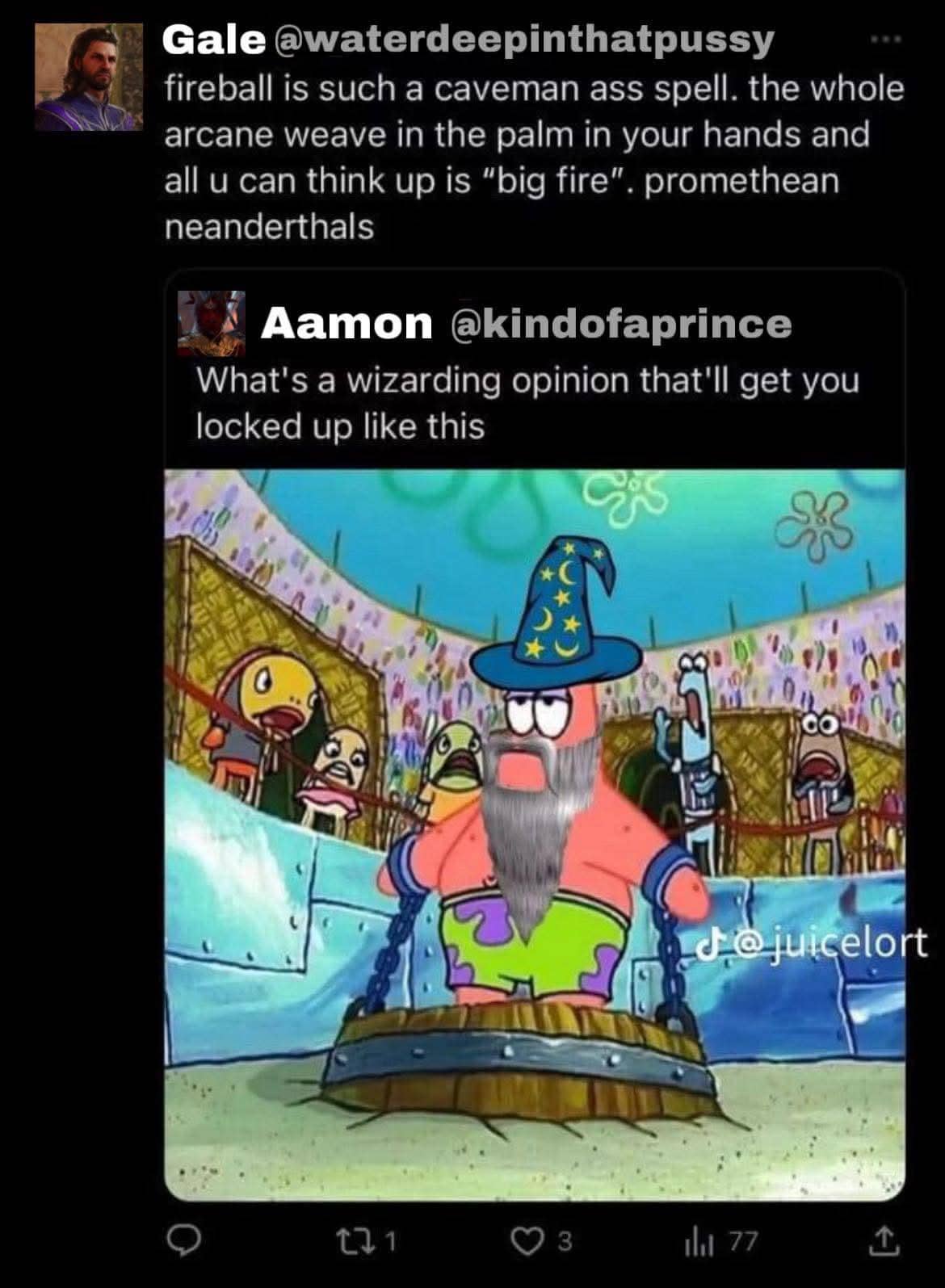 SpongeBob Patrick locked in stocks defending fireball spell usage in Baldur's Gate wizard memes.