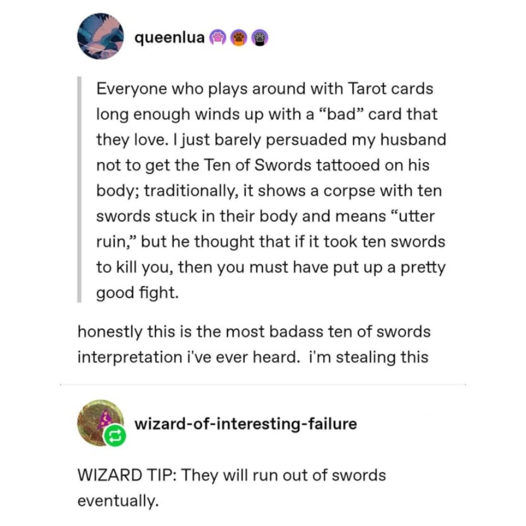 Tumblr text post offering optimistic magical advice about surviving ten swords in wizard memes.