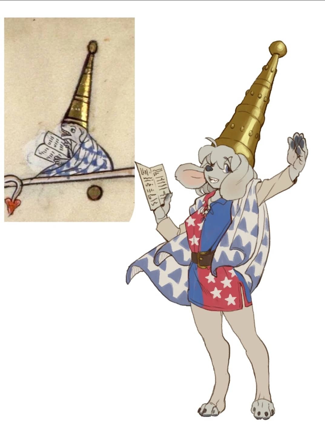 Medieval manuscript drawing of a magical dog alongside modern character fanart in wizard memes.