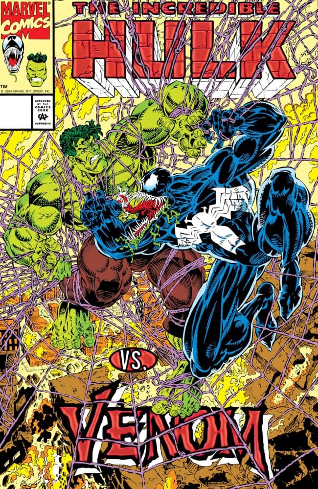 Hulk and Venom brawl inside a dense yellow web on a nineties Incredible Hulk cover.