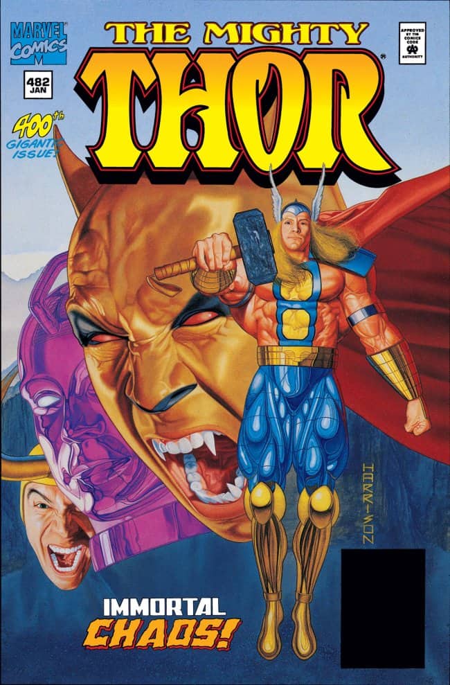 Thor hovers with an oddly small head beside a giant yellow demon face.