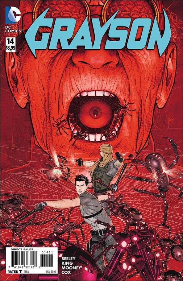 DC Grayson cover features a giant red screaming face with robotic spiders pouring out.