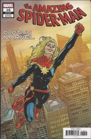 Captain Marvel flies over a city skyline with an oddly cheerful expression on a variant.