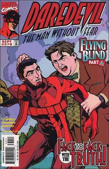 Daredevil cover shows the hero and a shouting man in a suit in close confrontation.