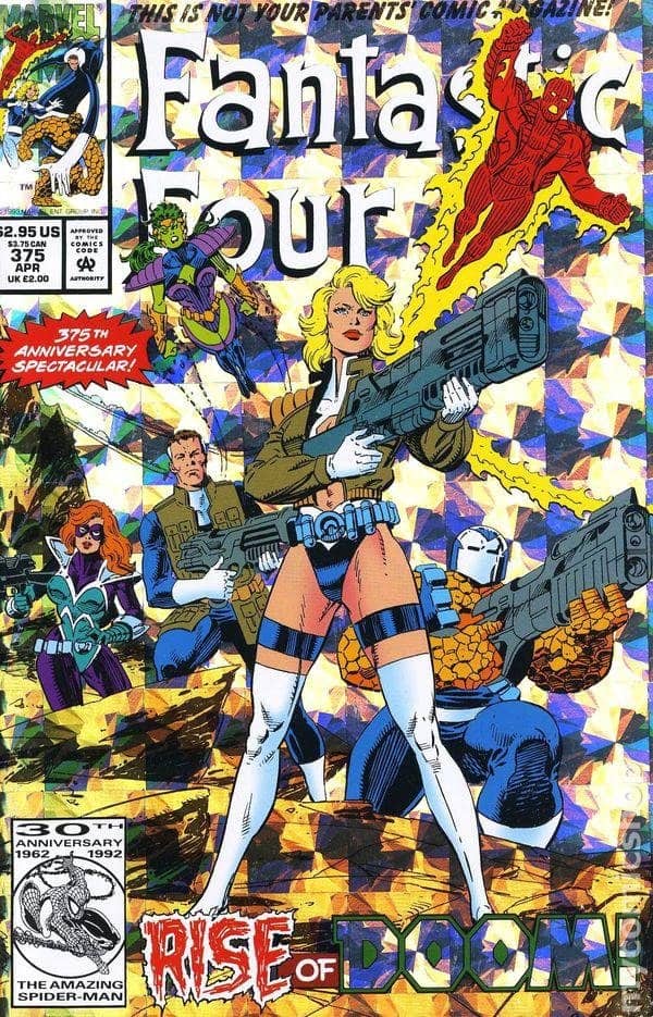 Foil Fantastic Four cover crowds the team with oversized guns and a prismatic background.