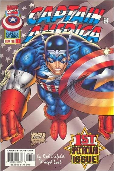 Captain America charges forward with a wildly oversized chest on a nineties Marvel comic cover.