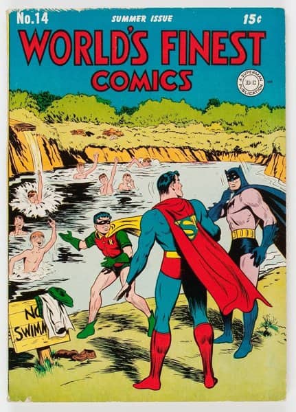 Golden age World's Finest cover shows Superman, Batman, and Robin beside a no swimming sign.