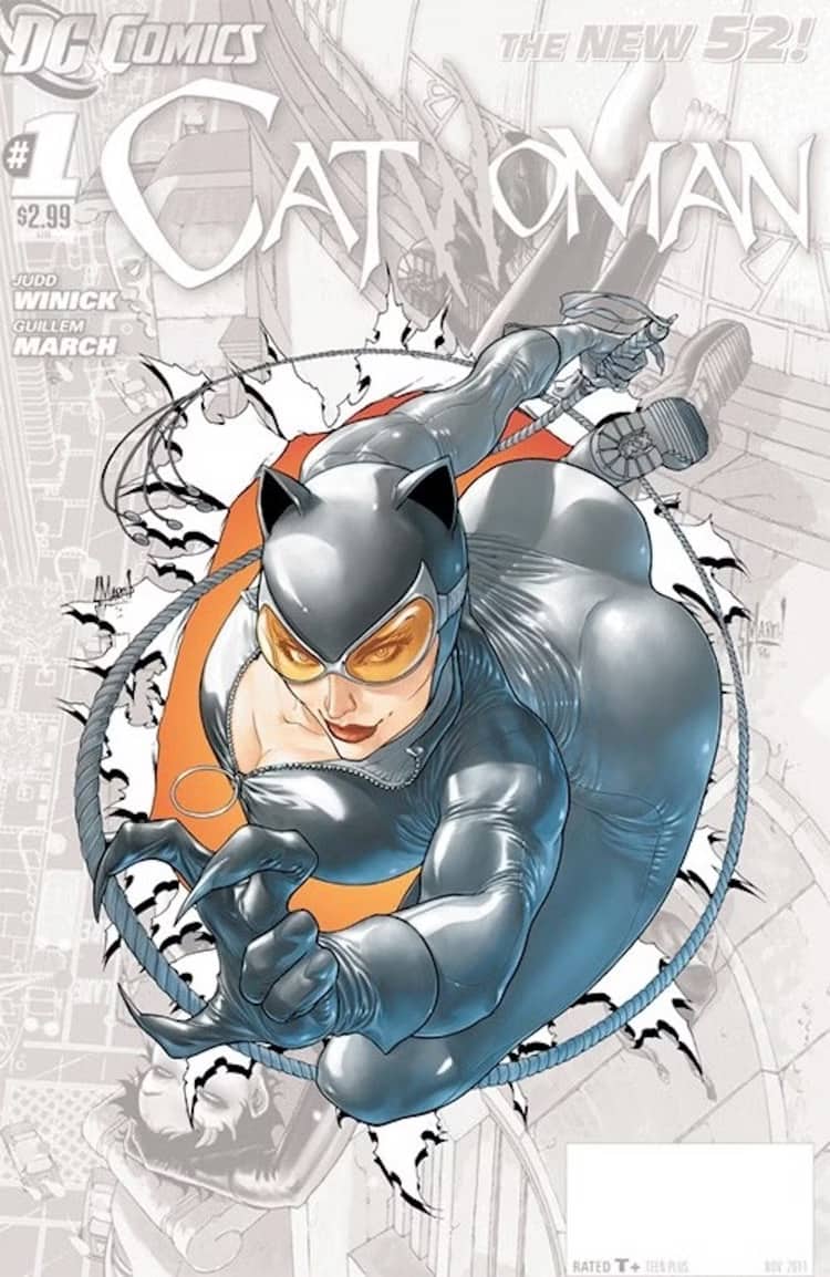 New 52 Catwoman cover shows her body twisted into an impossible pose against a city.