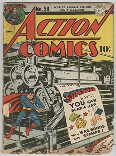 Wartime Action Comics cover pairs Superman with a nineteen forties war bonds propaganda slogan.