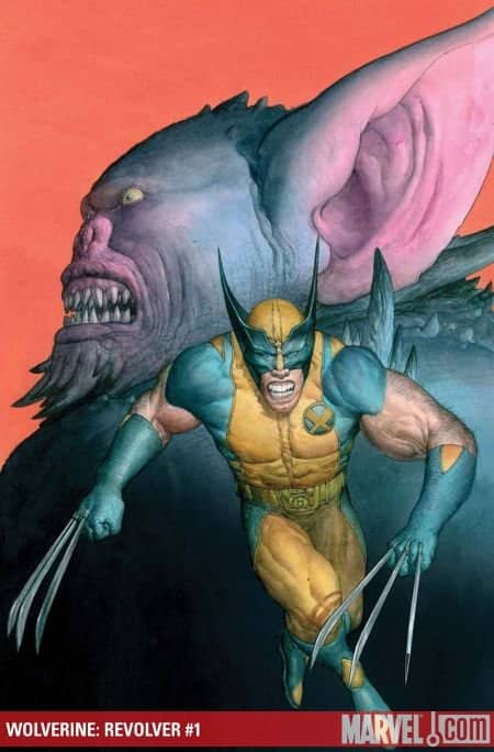 Wolverine snarls in front of a lumpy pink and grey monster on a Marvel cover.