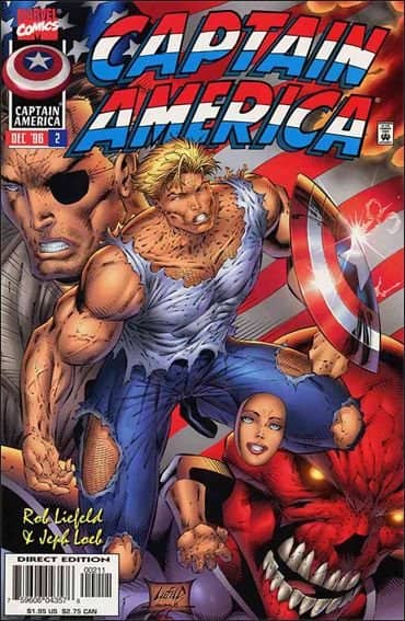 Nineties Captain America cover crowds Nick Fury, a shouting hero, and a red skull villain.