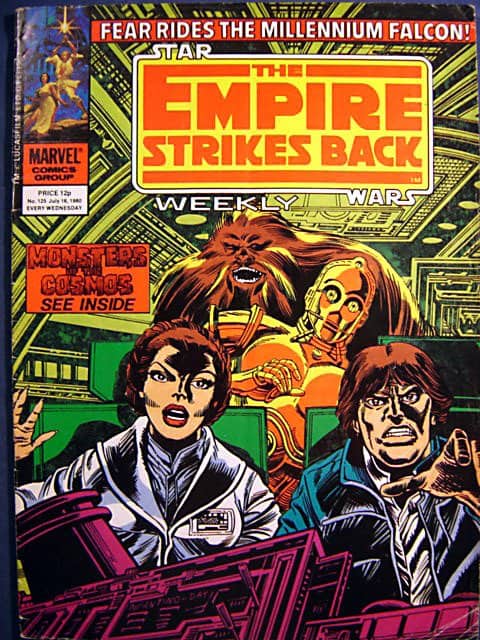 Star Wars weekly comic cover shows Leia, Han, Chewbacca, and C-3PO with startled expressions.